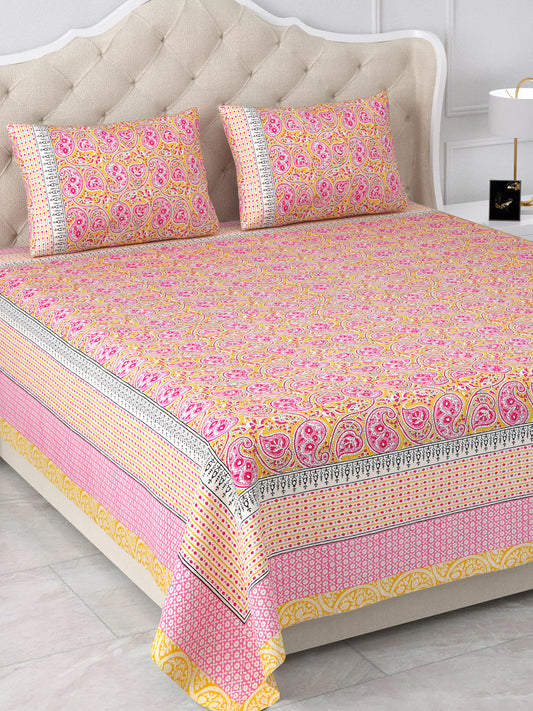 Heritage Hues Pink & Yellow Cotton Double Bedsheet with 2 Pillow Covers