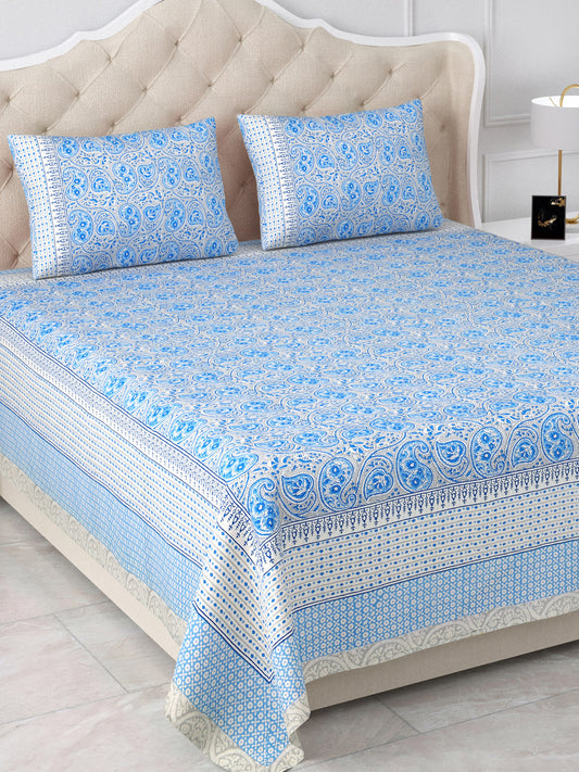 Heritage Hues Blue & Grey Cotton Double Bedsheet with 2 Pillow Covers