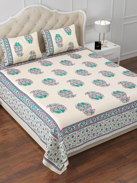 Blue & Pink Regal Kundan Buti Cotton Double Bedsheet with 2 Pillow Covers