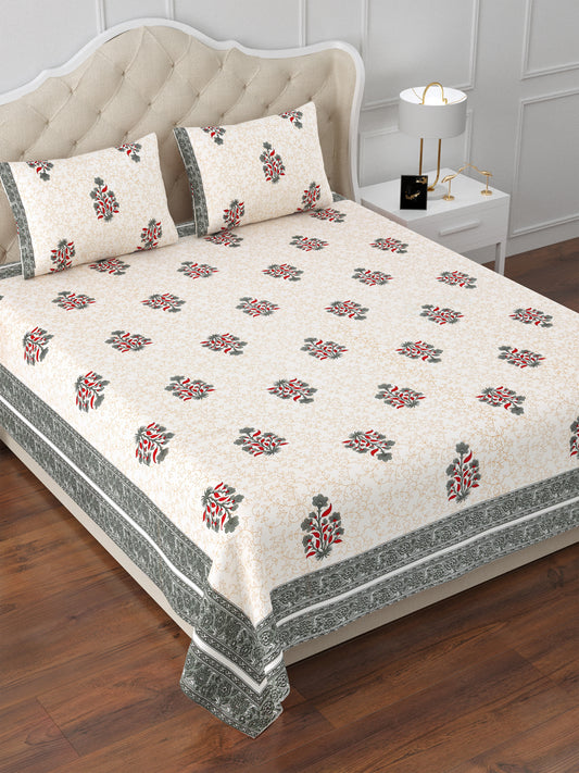 Grey & Red Udaipur Opulence Cotton Double Bedsheet with 2 Pillow Covers