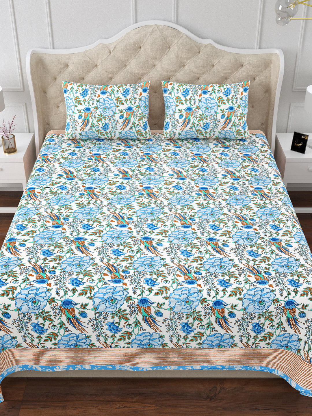 Blue & Brown Ranthambore Reminiscence Cotton Double Bedsheet with 2 Pillow Covers