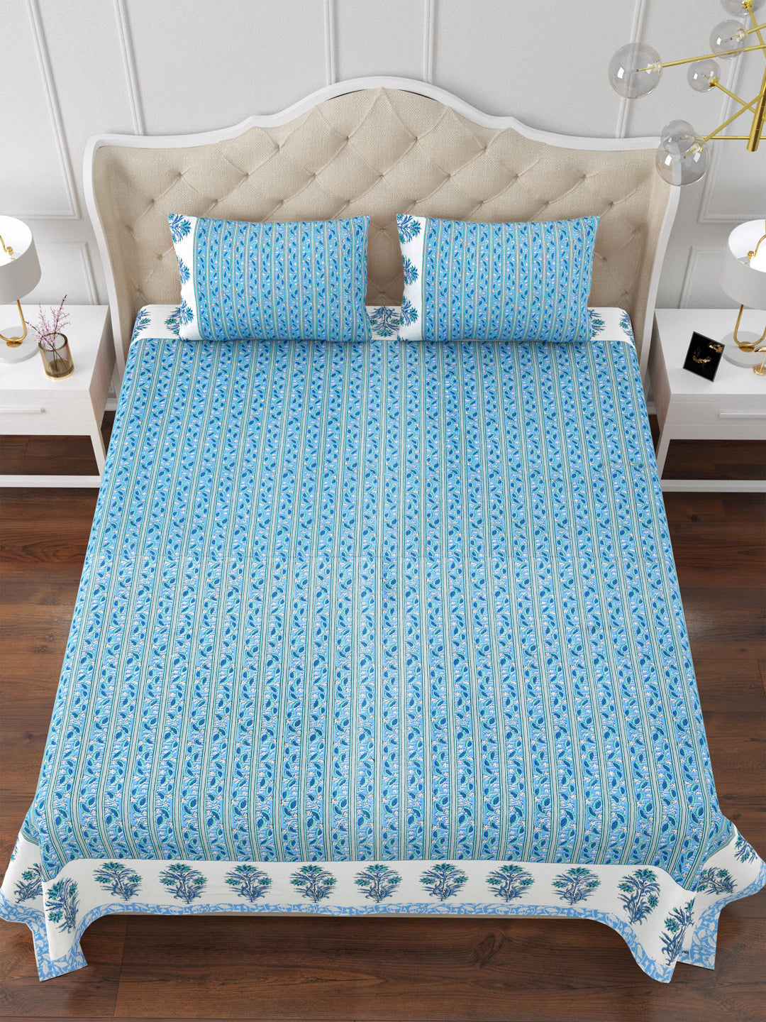 Blue & White Cotton Double Bedsheet with 2 Pillow Covers