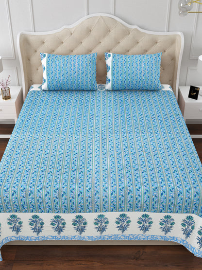 Blue & White Cotton Double Bedsheet with 2 Pillow Covers