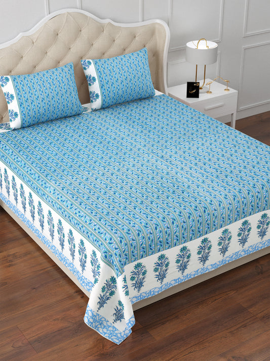 Blue & White Cotton Double Bedsheet with 2 Pillow Covers
