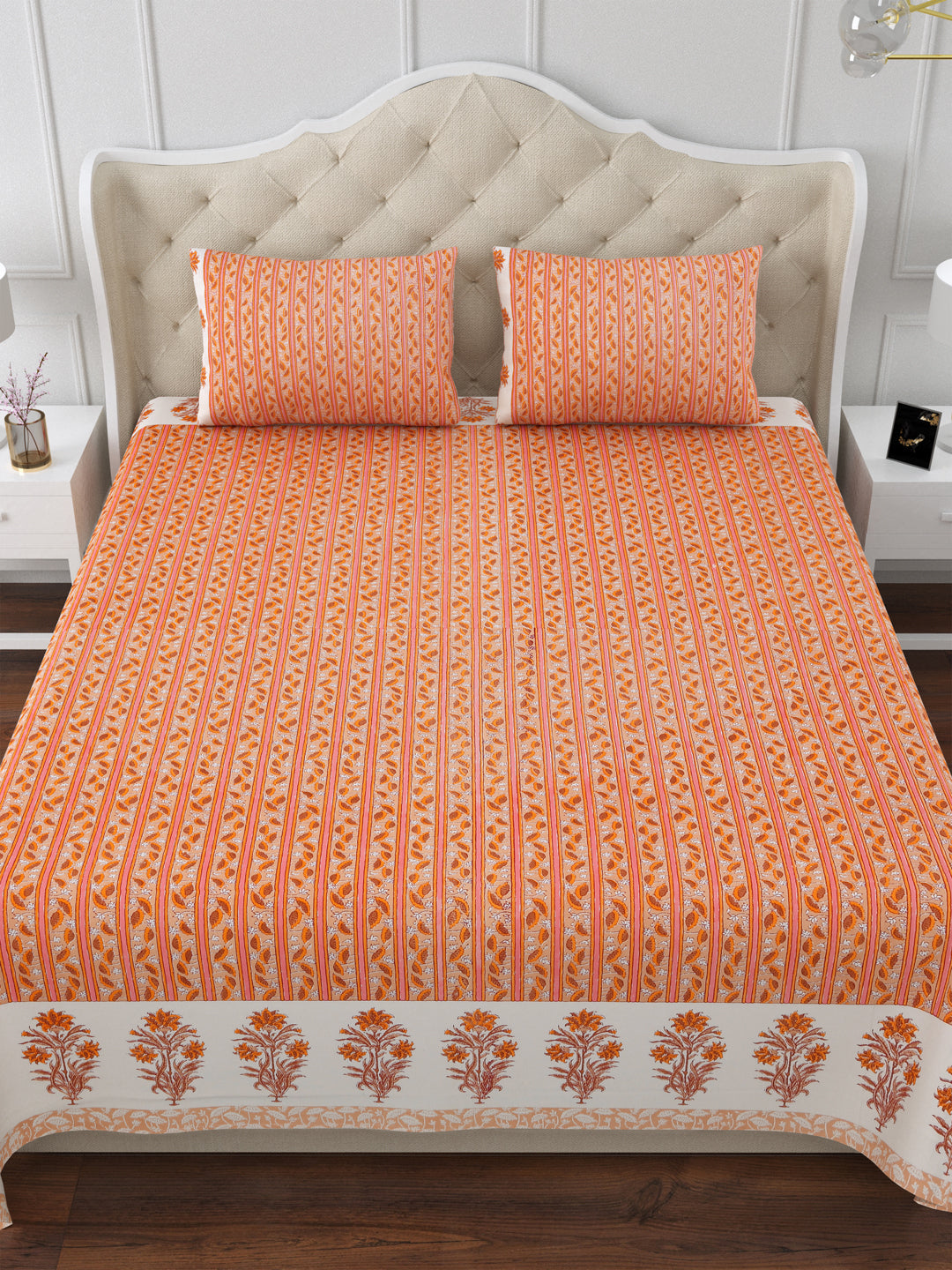 Marigold Garlands Cotton Double Bedsheet with 2 Pillow Covers