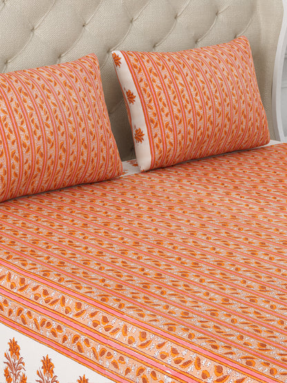 Marigold Garlands Cotton Double Bedsheet with 2 Pillow Covers