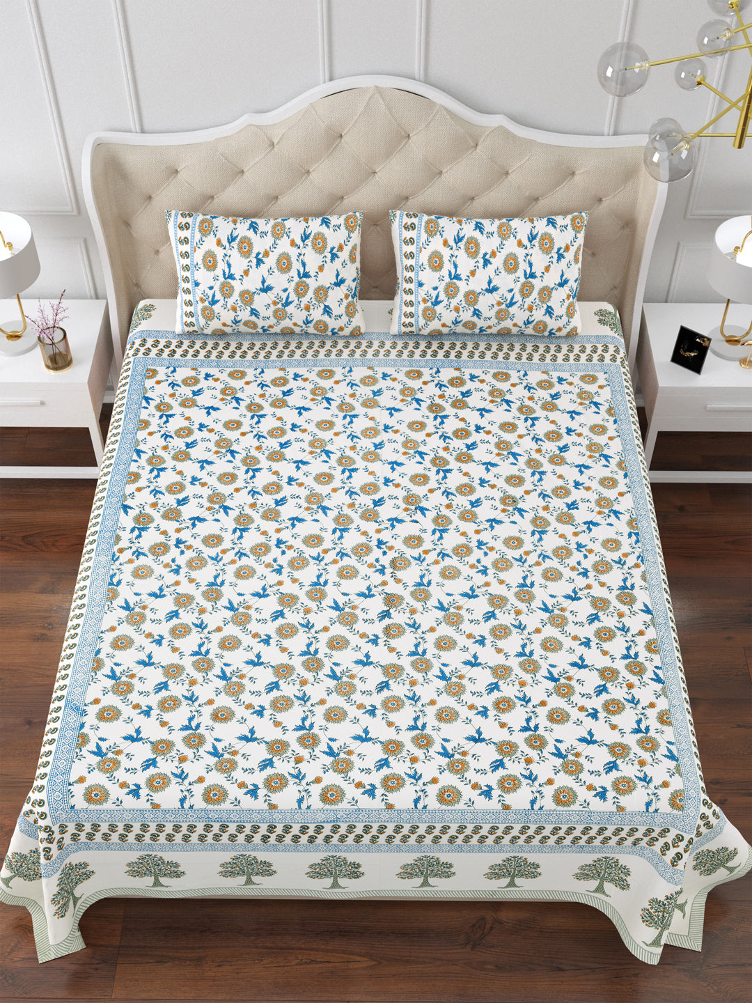 Blue Horizon Cotton Double Bedsheet with 2 Pillow Covers