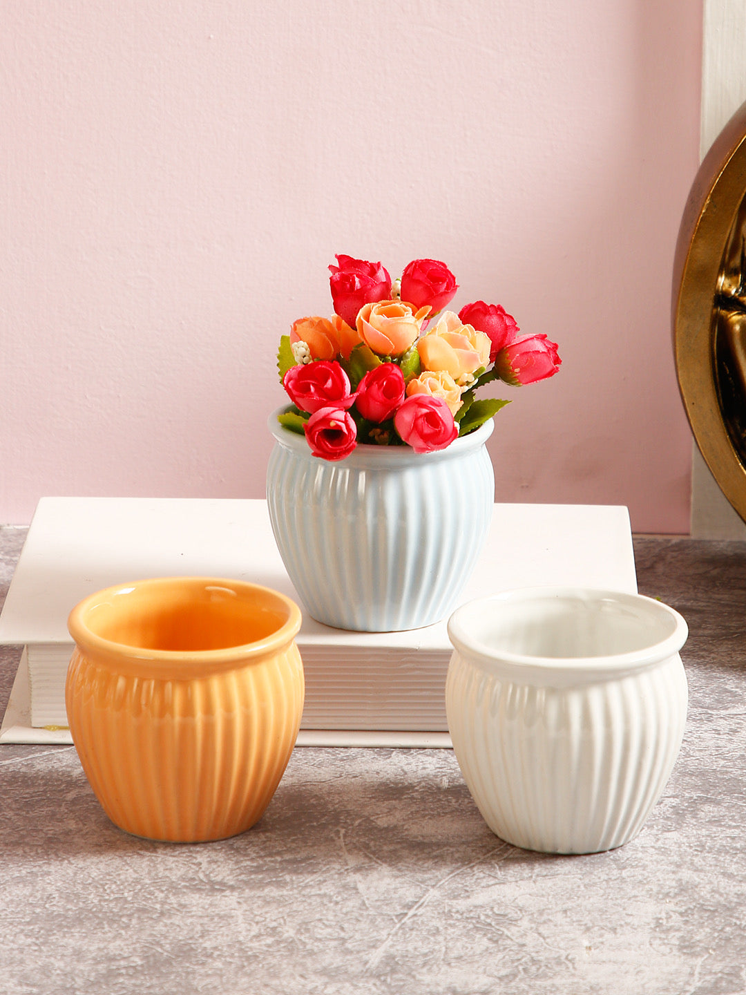 Striped Set Of Three Ceramic Pots - Default Title (CH18309_3)