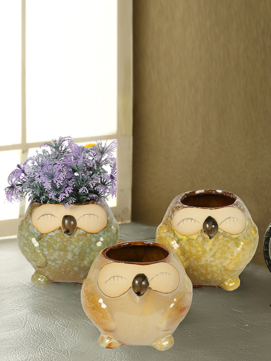 Multicolor Owl Design Ceramic Pot - Set of 3 - Default Title (CH18389B)