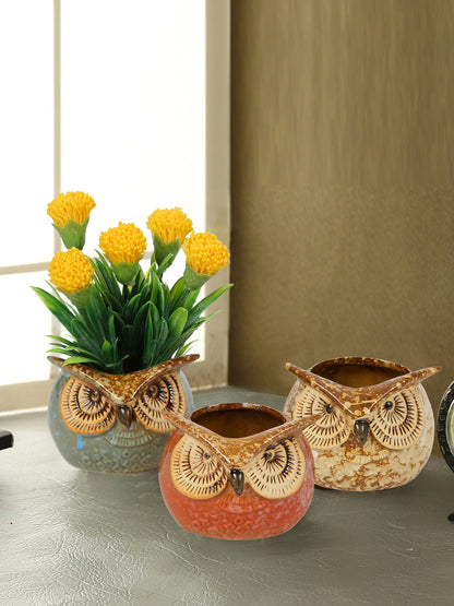 Multicolor Owl Design Ceramic Pot - Set of 3 - Default Title (CH18390A)