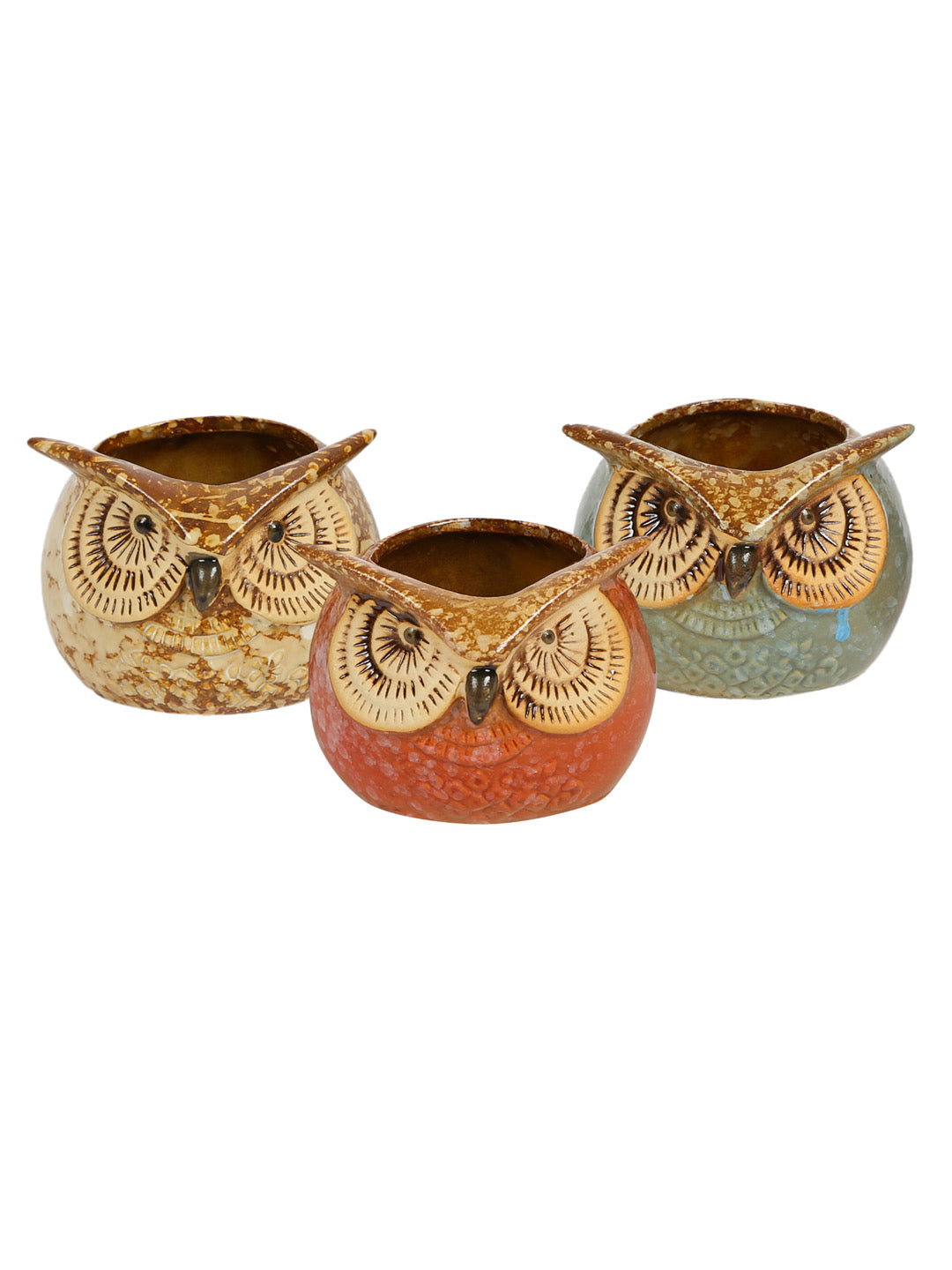 Multicolor Owl Design Ceramic Pot - Set of 3 - Default Title (CH18390A)