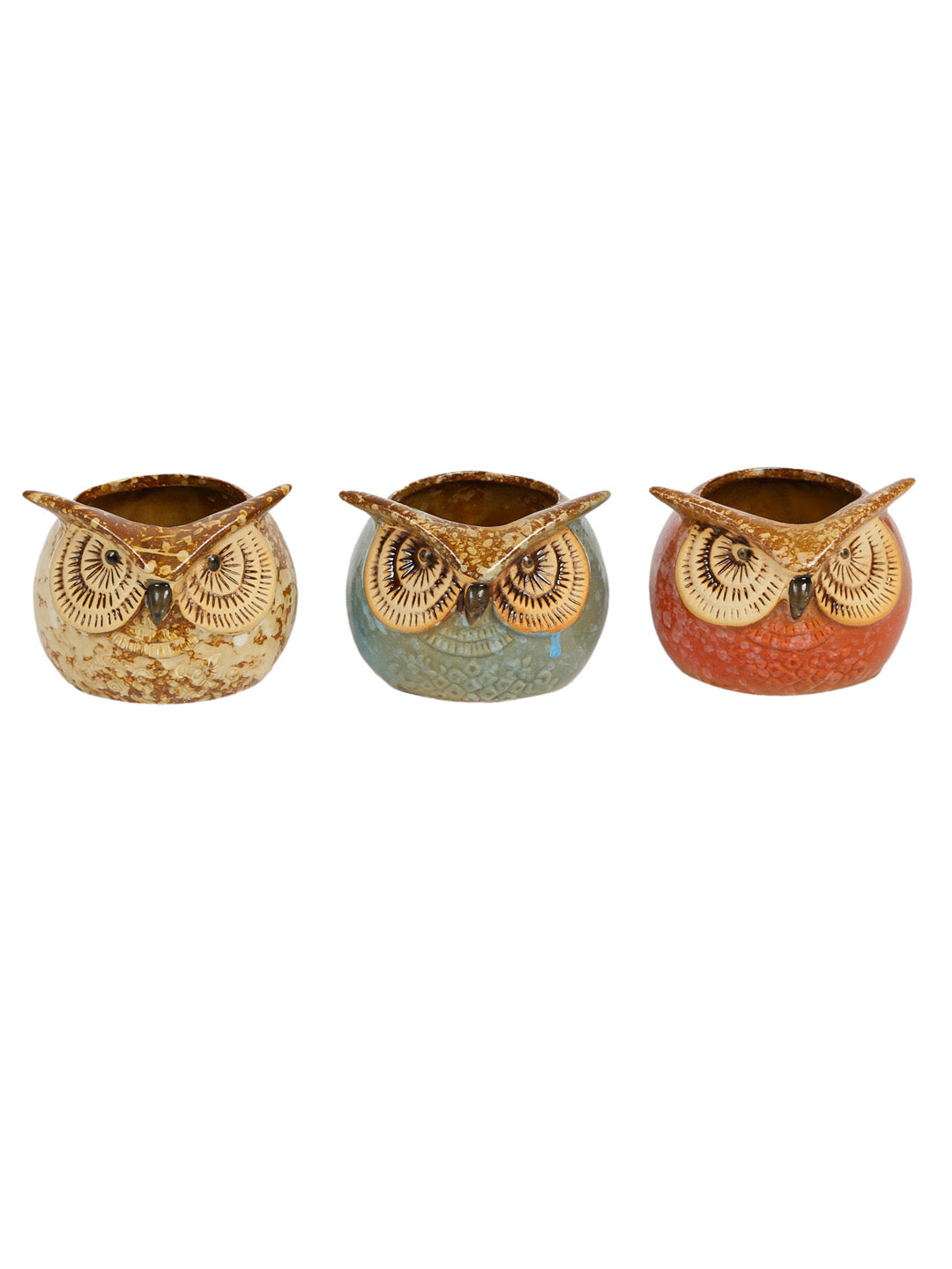 Multicolor Owl Design Ceramic Pot - Set of 3 - Default Title (CH18390A)