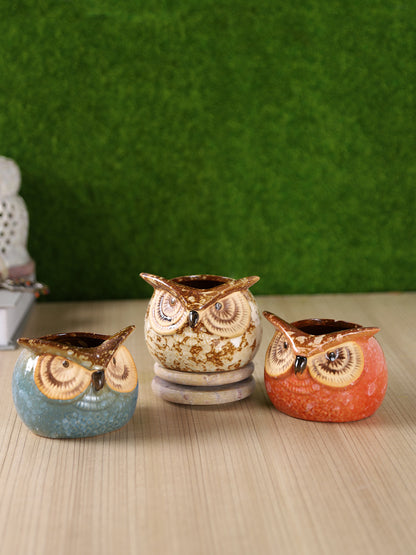 Multicolor Owl Design Ceramic Pot - Set of 3 - Default Title (CH18390A)