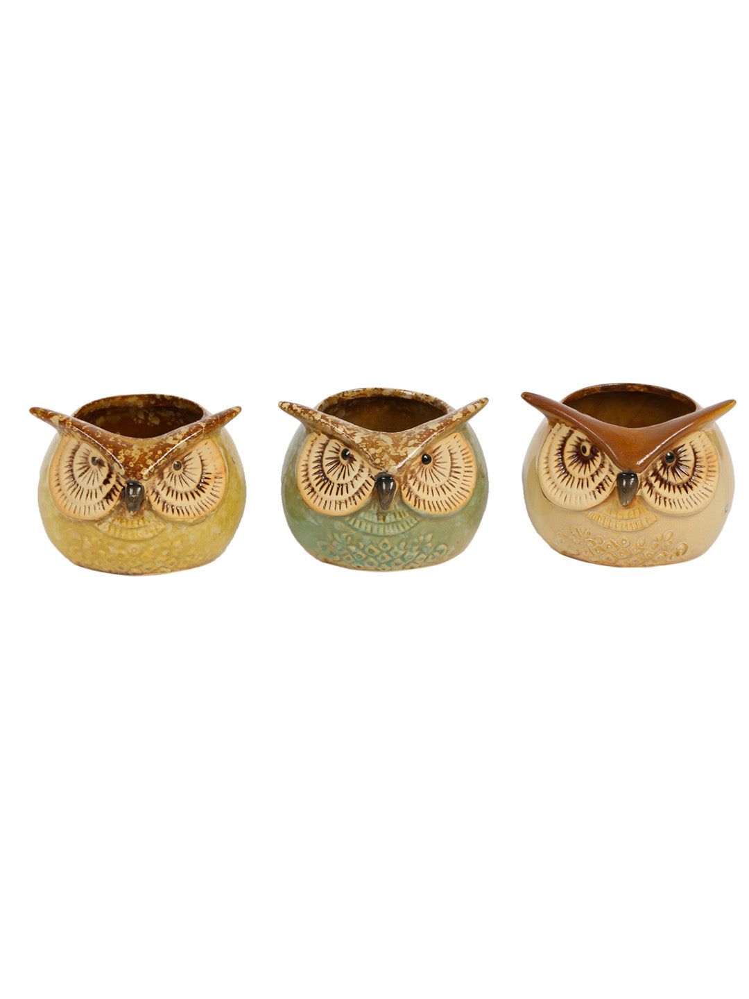 Multicolor Owl Design Ceramic Pot - Set of 3 - Default Title (CH18390B)