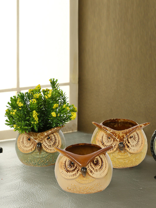 Multicolor Owl Design Ceramic Pot - Set of 3 - Default Title (CH18390B)