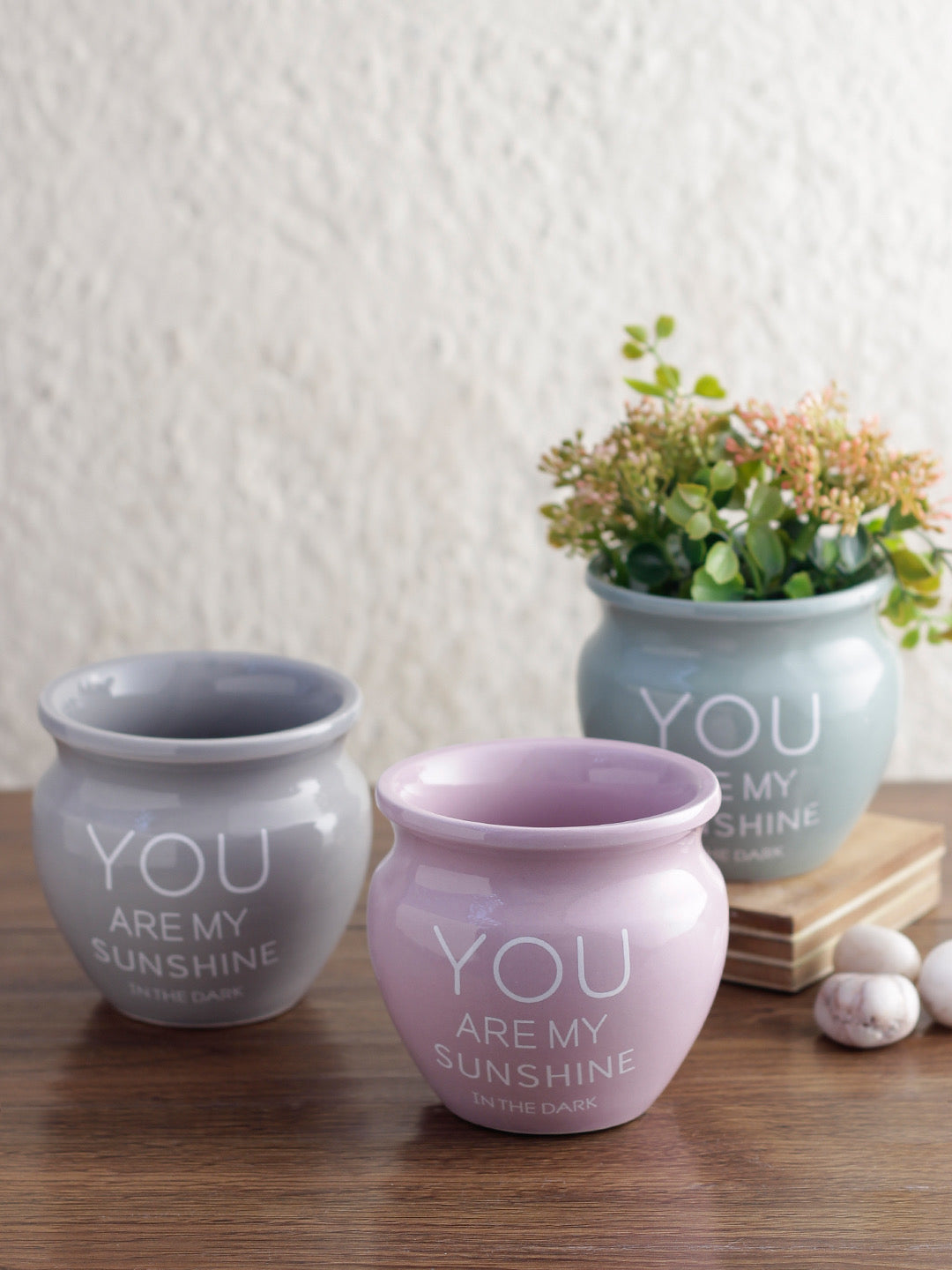 Set of 3 Round Ceramic Planters with a Quote - Default Title (CH20117_3)