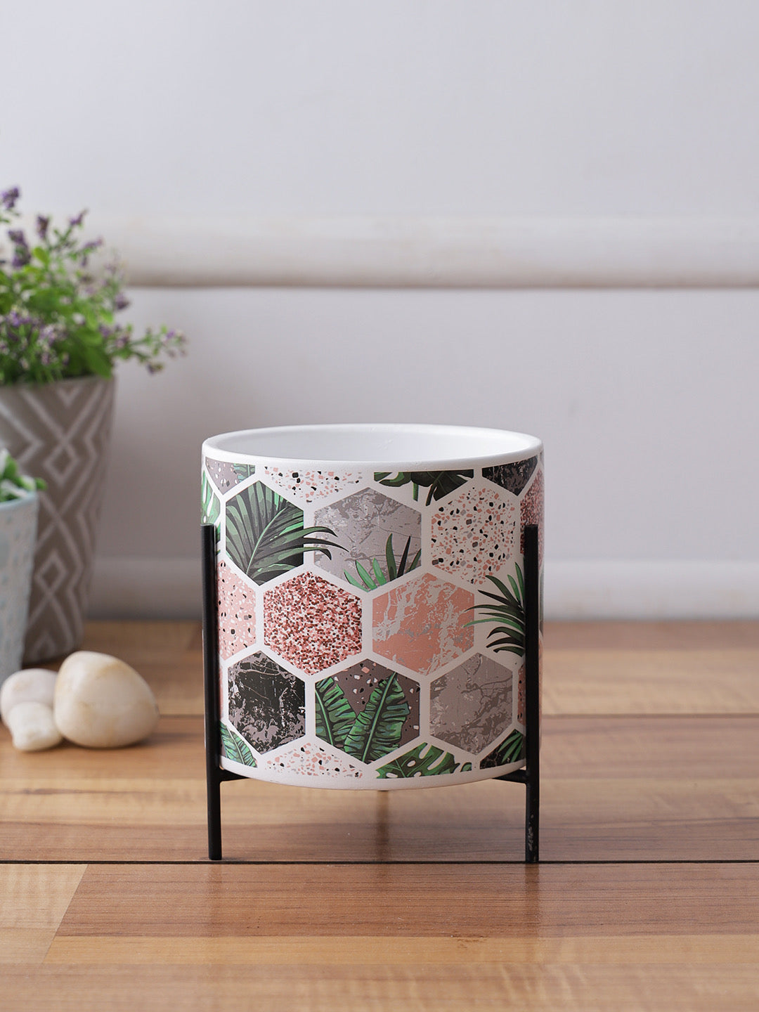 Honeycomb print Planter with Black Stand - Default Title (CH210039)