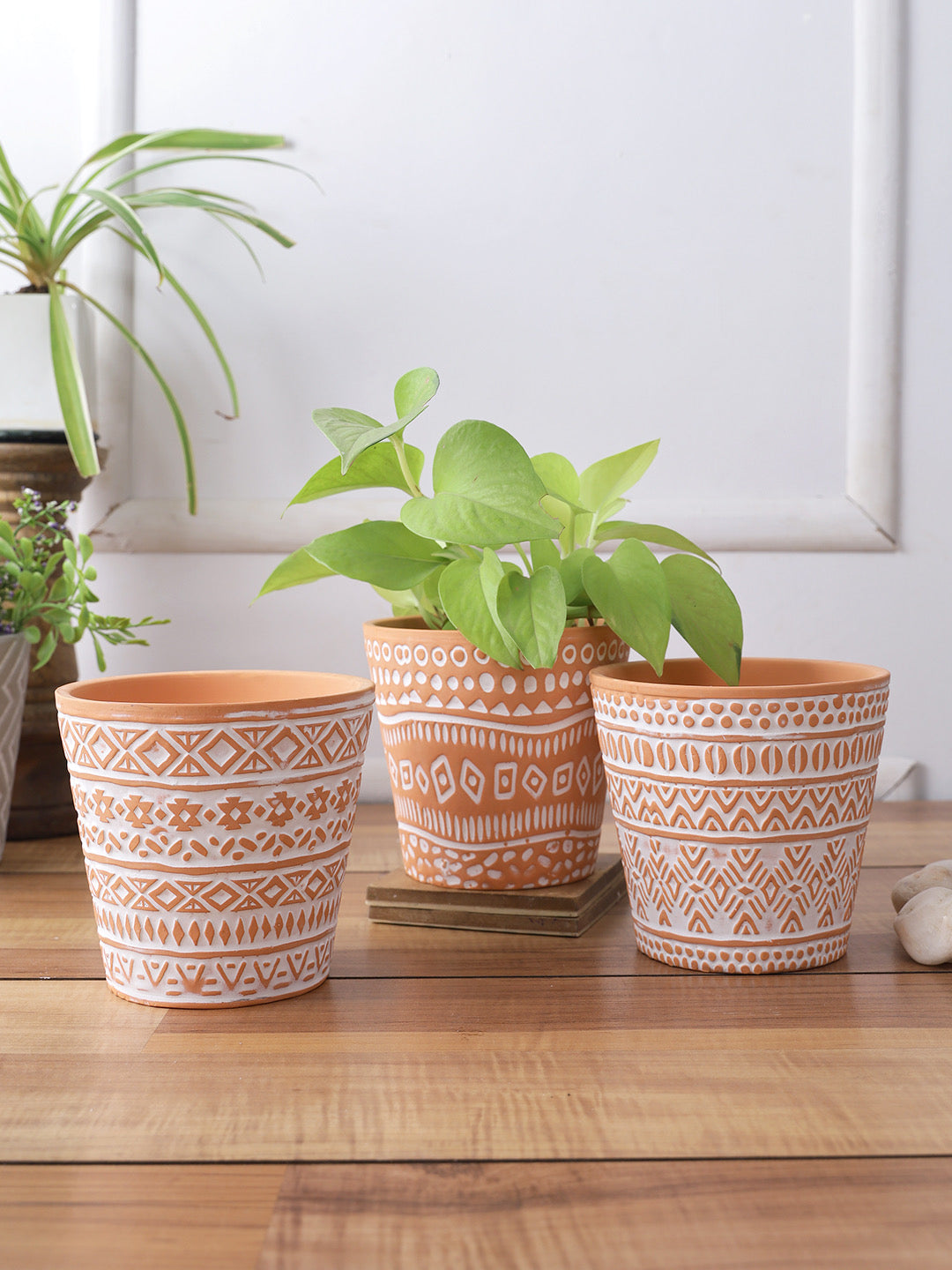 Set of 3 bright colored Planters with white tribal design - Default Title (CH210108_3)