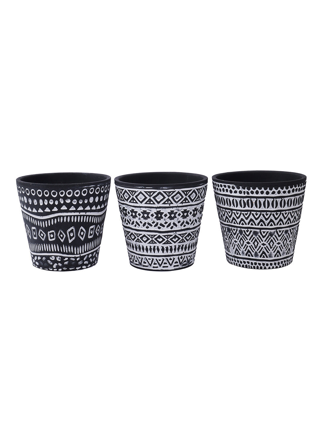 Set of 3 Black colored Planters with white tribal design - Default Title (CH210112_3)
