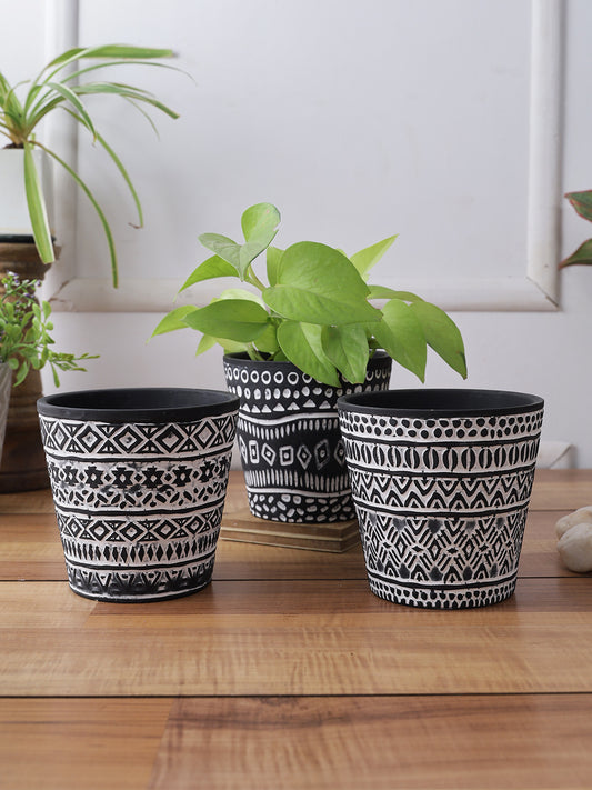 Set of 3 Black colored Planters with white tribal design - Default Title (CH210112_3)