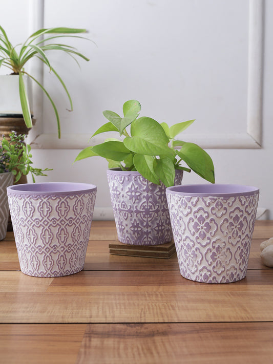 Set of 3 Purple colored Planters with white tribal design - Default Title (CH210114_3)