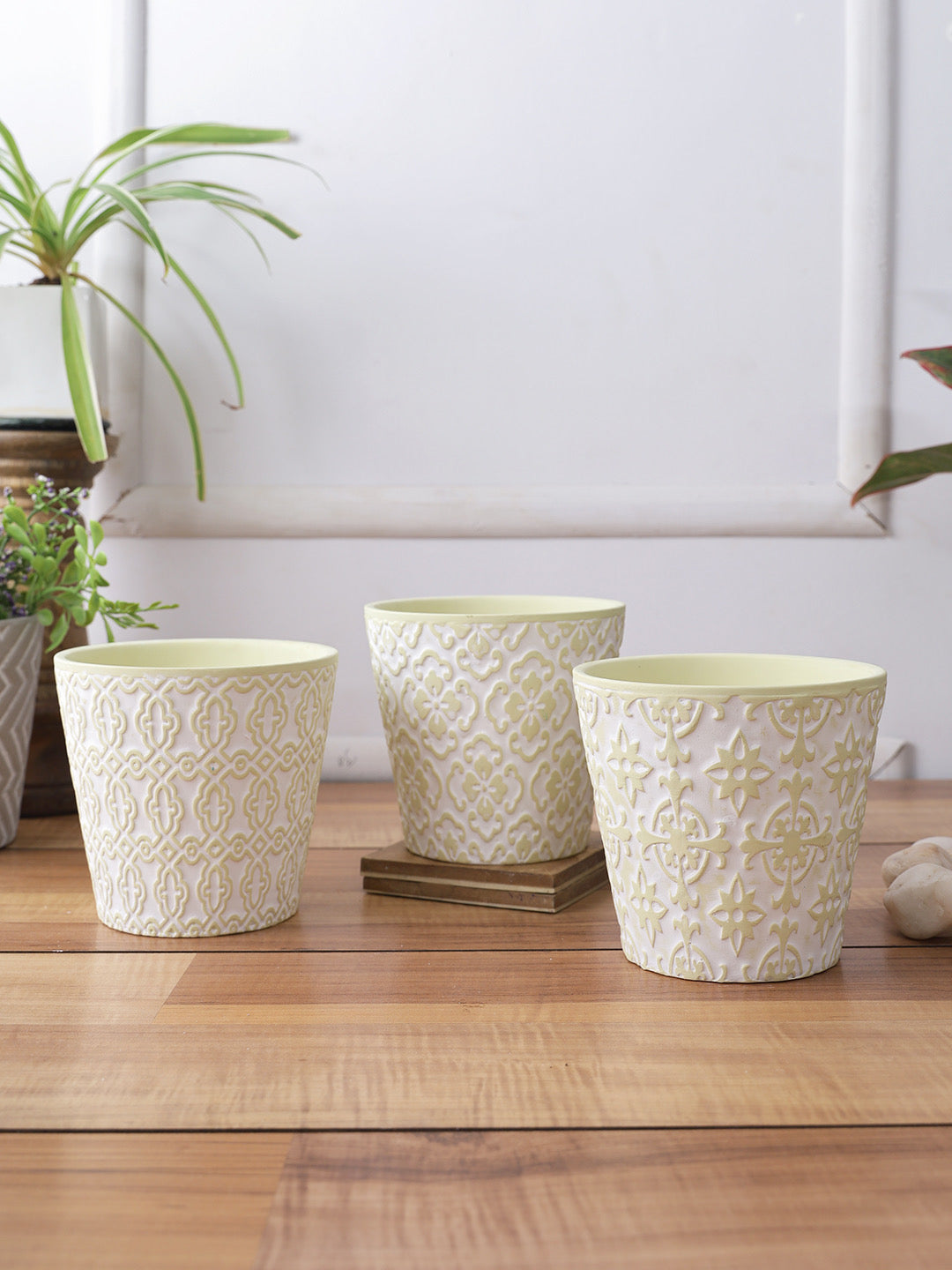 Set of 3 Light Green colored Planters with white tribal design - Default Title (CH210118_3)