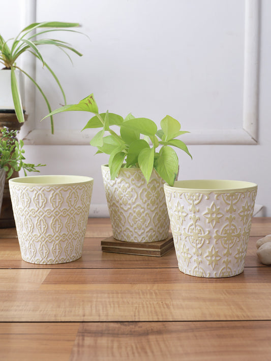 Set of 3 Light Green colored Planters with white tribal design - Default Title (CH210118_3)