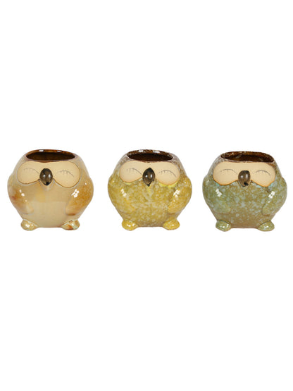 Multicolor Owl Design Ceramic Pot - Set of 3 - Default Title (CH22389B_3)