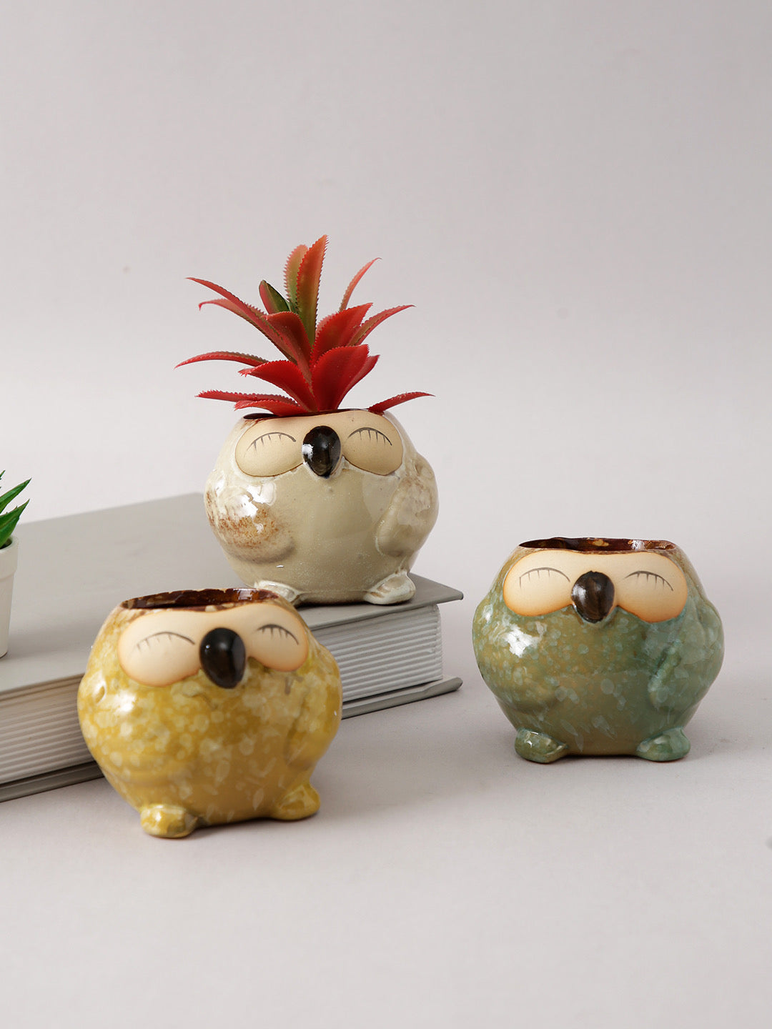 Multicolor Owl Design Ceramic Pot - Set of 3 - Default Title (CH22389B_3)