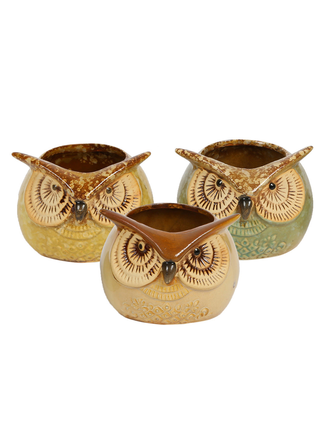 Multicolor Owl Design Ceramic Pot - Set of 3 - Default Title (CH22390B_3)