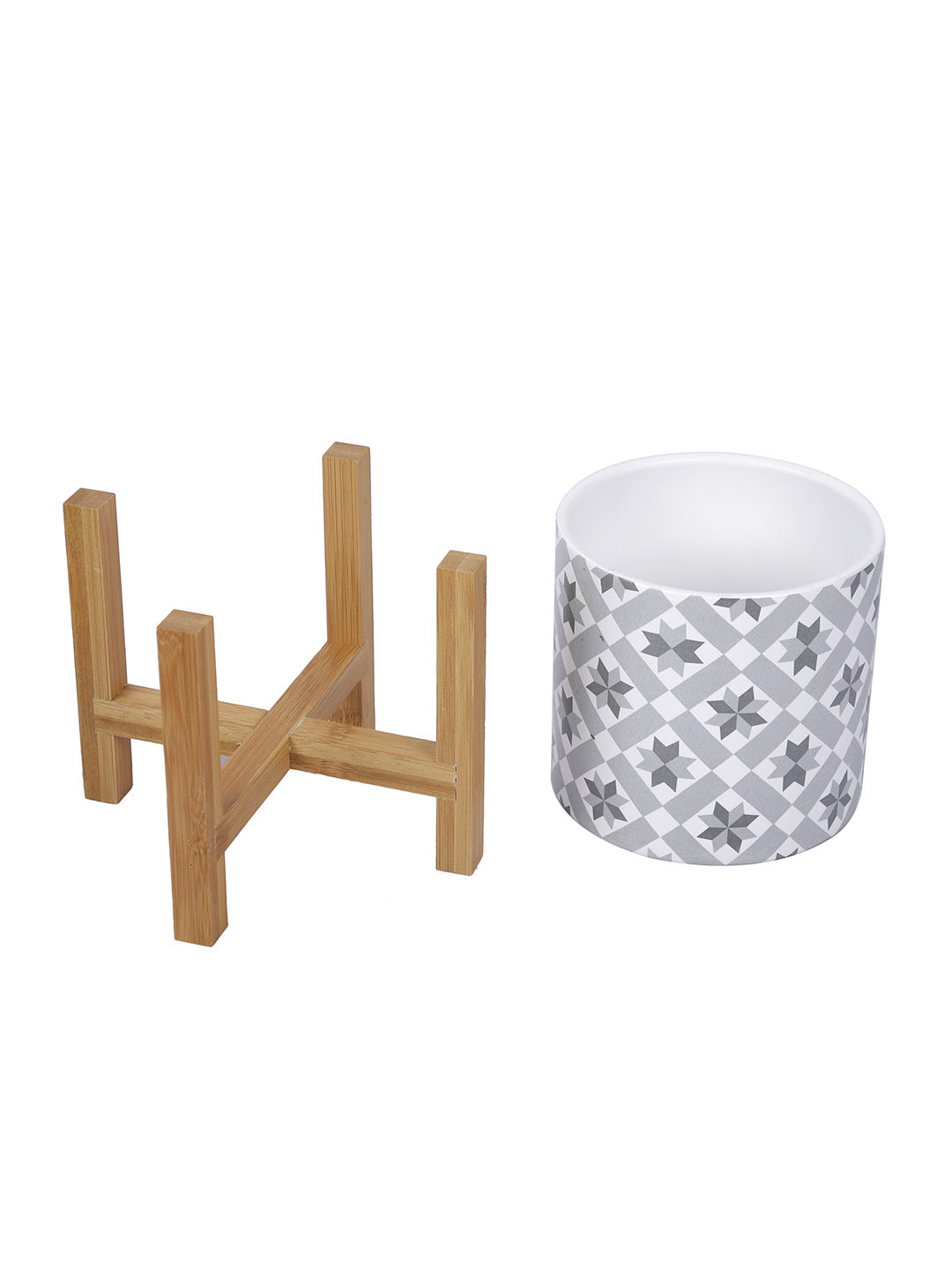 Ceramic Matte Planter with Wooden stand - Default Title (CHC22389A)