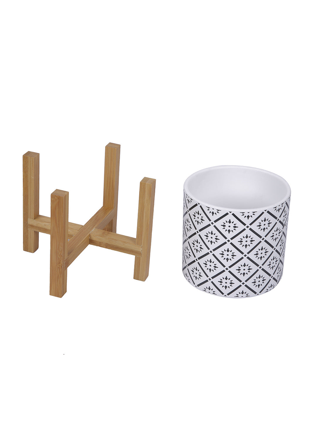 Ceramic Matte Planter with Wooden stand - Default Title (CHC22389B)