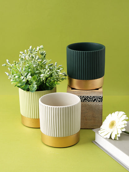 Fluted Design Ceramic Planter with Golden Border Set of 3 - Default Title (CHC22506_3)