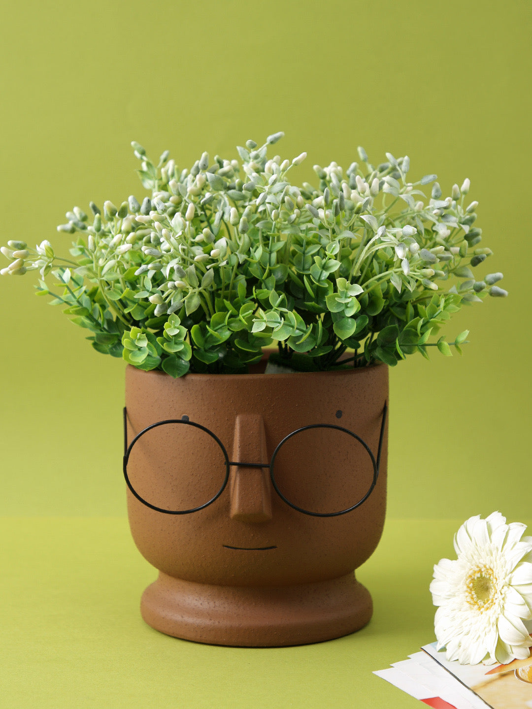 Cute Human Face Ceramic Brown Planter with Specs - Default Title (CHC22513BR)