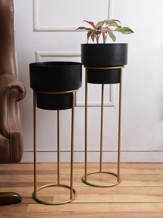 Set of 2 Black Planters with Stand - Default Title (CHM2121_2)