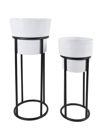 Set of 2 Ceramic Planters with Metal Stand - Default Title (CHM2212WH_2)