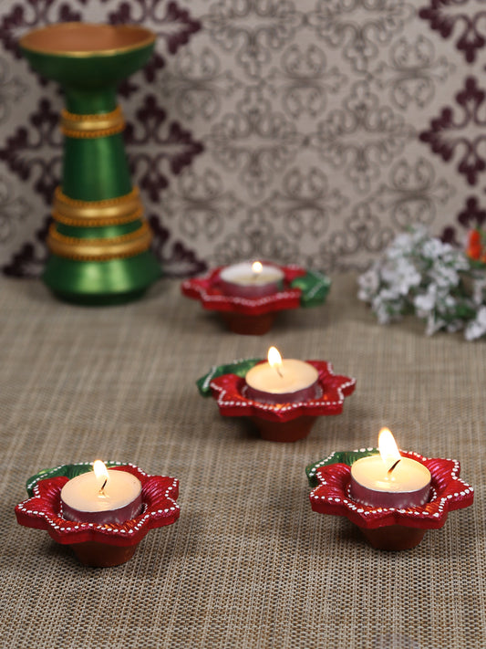 Aapno Rajasthan Red & Green Terracotta Floral Design Diyas for Diwali - Set of 4 - Default Title (DD1806)