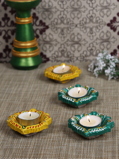 Decorated Terracotta Diya set in hues of Green & Yellow - set of 4 - Default Title (DD18102)