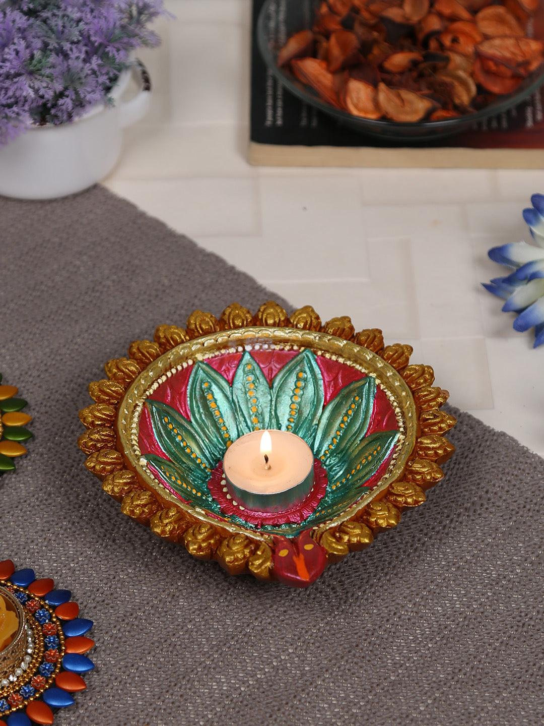 Aapno Rajasthan Floral design Multicolor Terracotta Handcrafted Diya for Diwali - 1 pc - Default Title (DD1824)