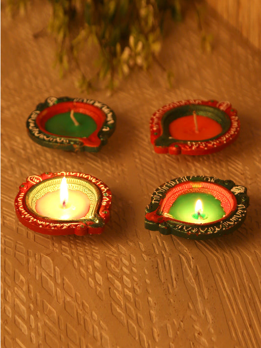 Handcrafted Wax Filled Big Terracotta Diyas - Set Of 4 - Default Title (DD1854)