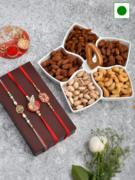 Set of 3 Rakhi with Dryfruits and Serving Set