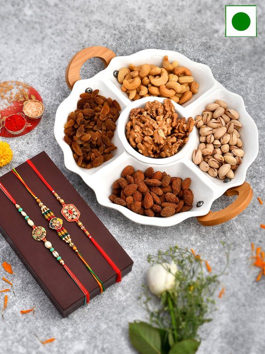 Set of 3 Rakhi with Dryfruits and Serving Set