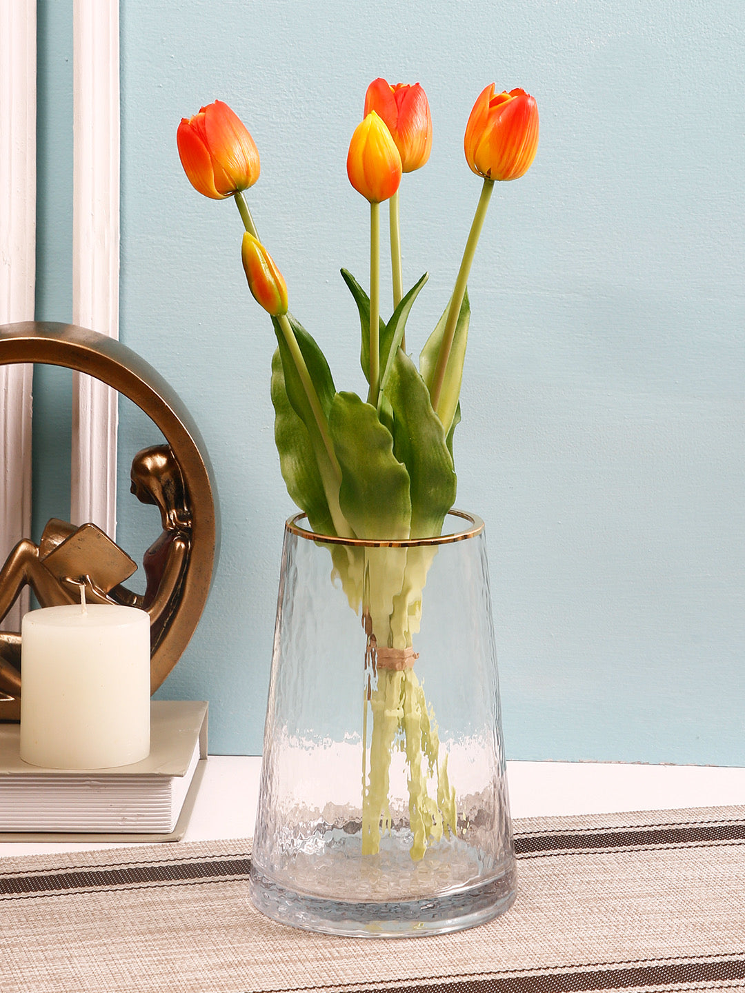 Set of 5 Alluring bunch of Real alike Tulip Flowers and Buds in Orange - Default Title (FL21205OR)