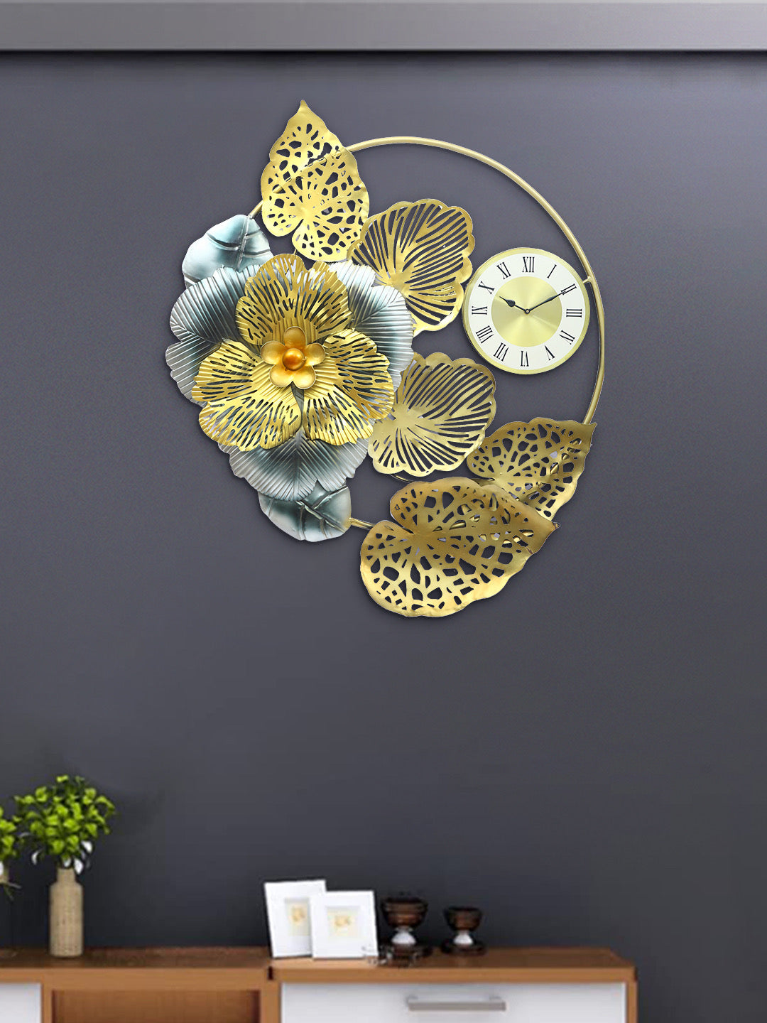 Golden Leaf Wall Hanging Pattern Wall Clock - Default Title (JDPMA2117)