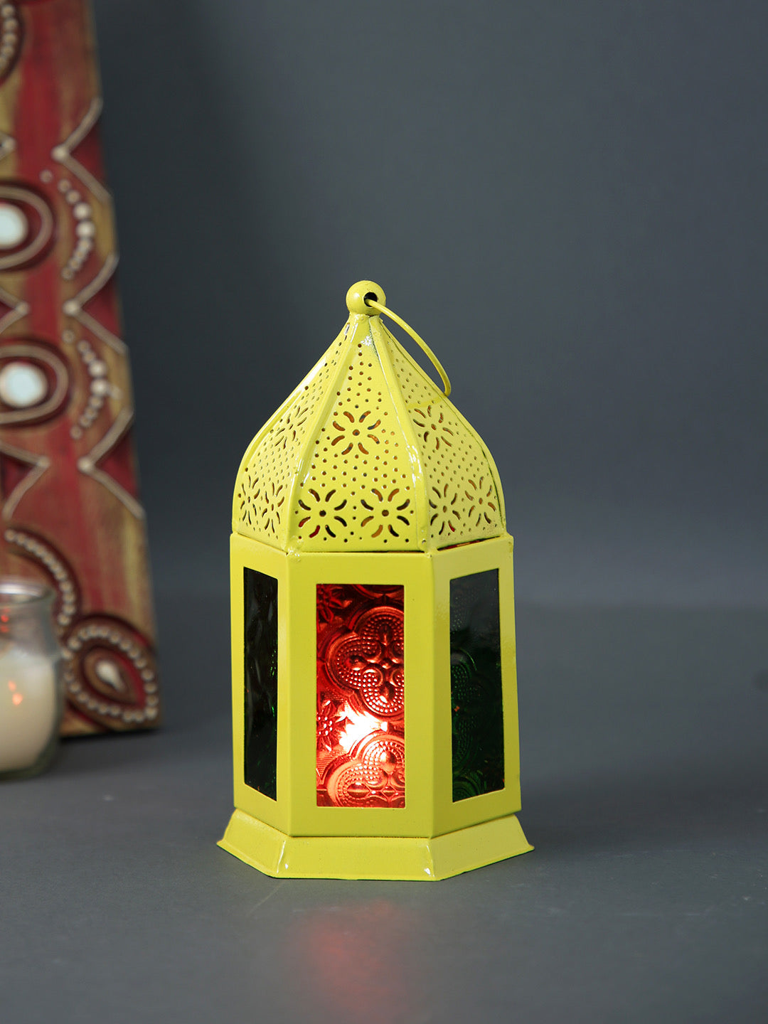 TAYHAA Yellow Metal & Glass Morrocan Lantern - Default Title (LAM19912YE)