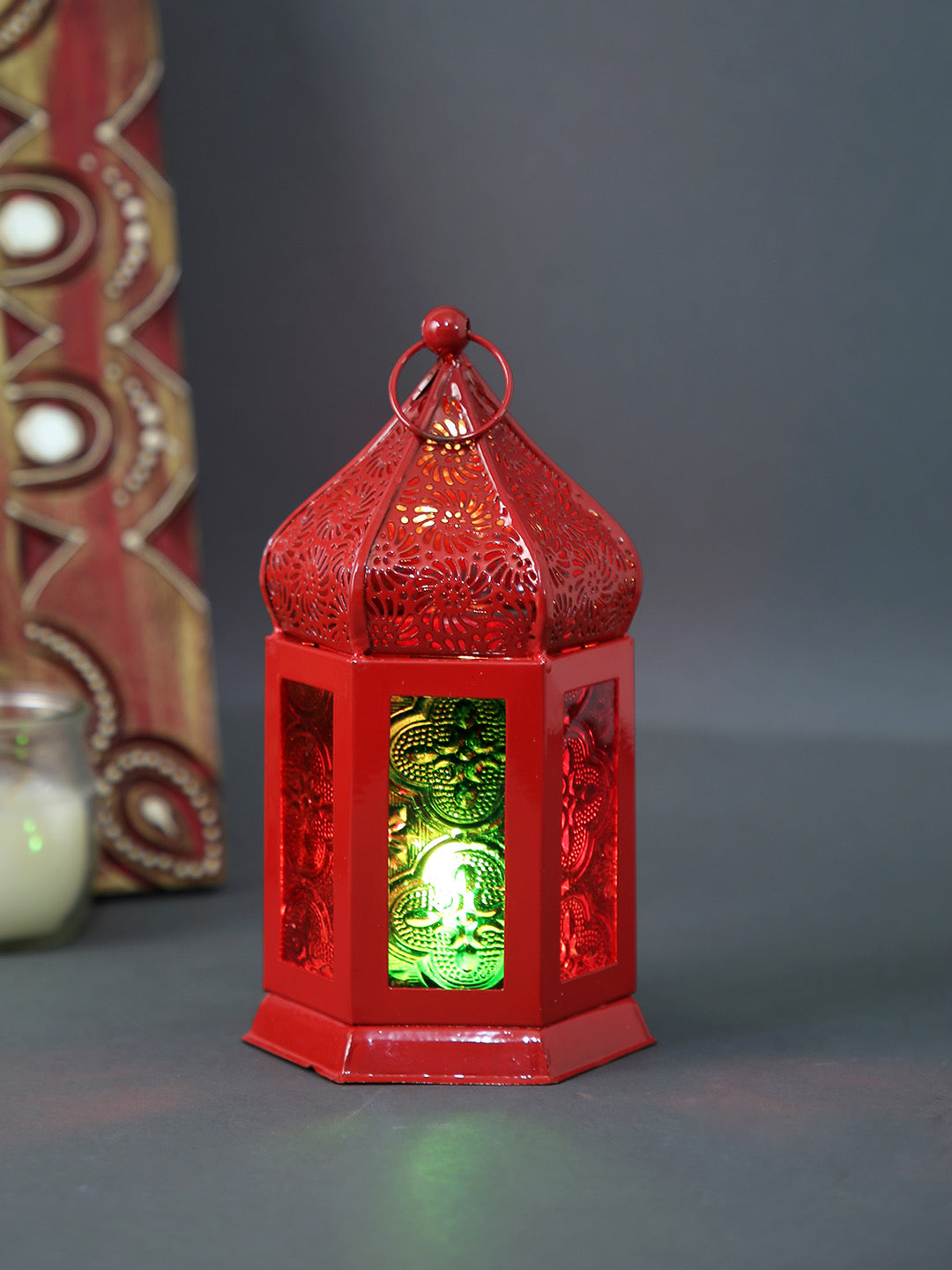 TAYHAA Red Metal & Glass Morrocan Lantern - Default Title (LAM19923RE)