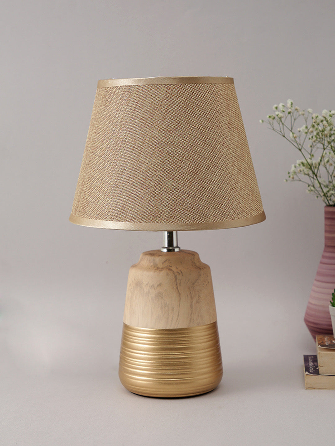 Wooden Finish Gold Painted Ceramic Table Lamp - Default Title (LAM22100)