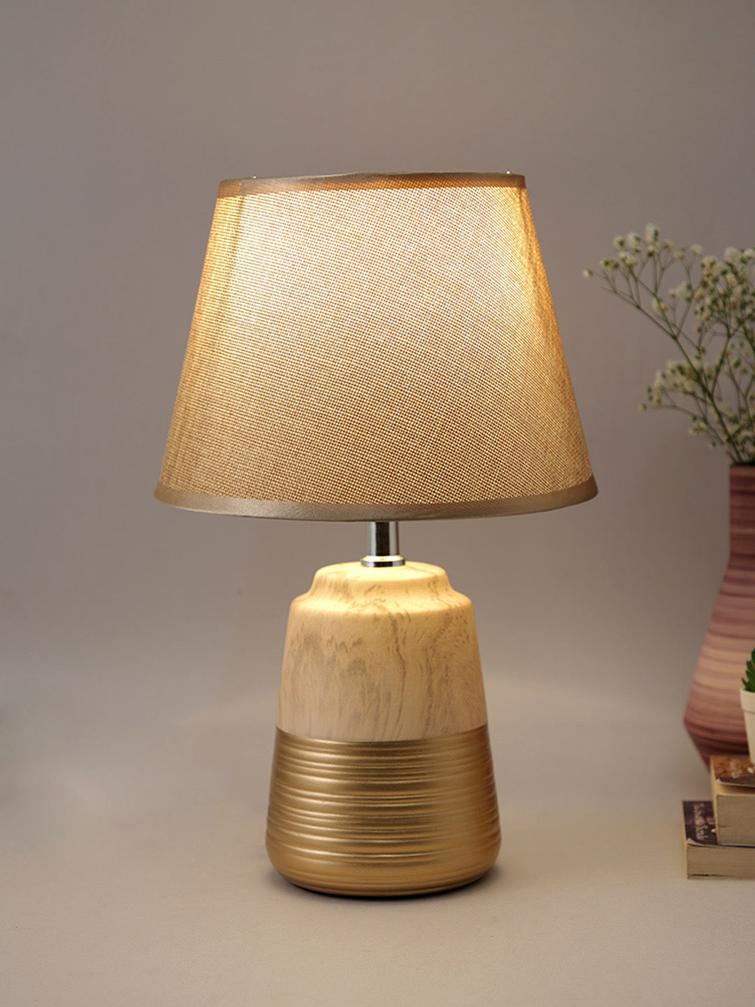 Wooden Finish Gold Painted Ceramic Table Lamp - Default Title (LAM22100)