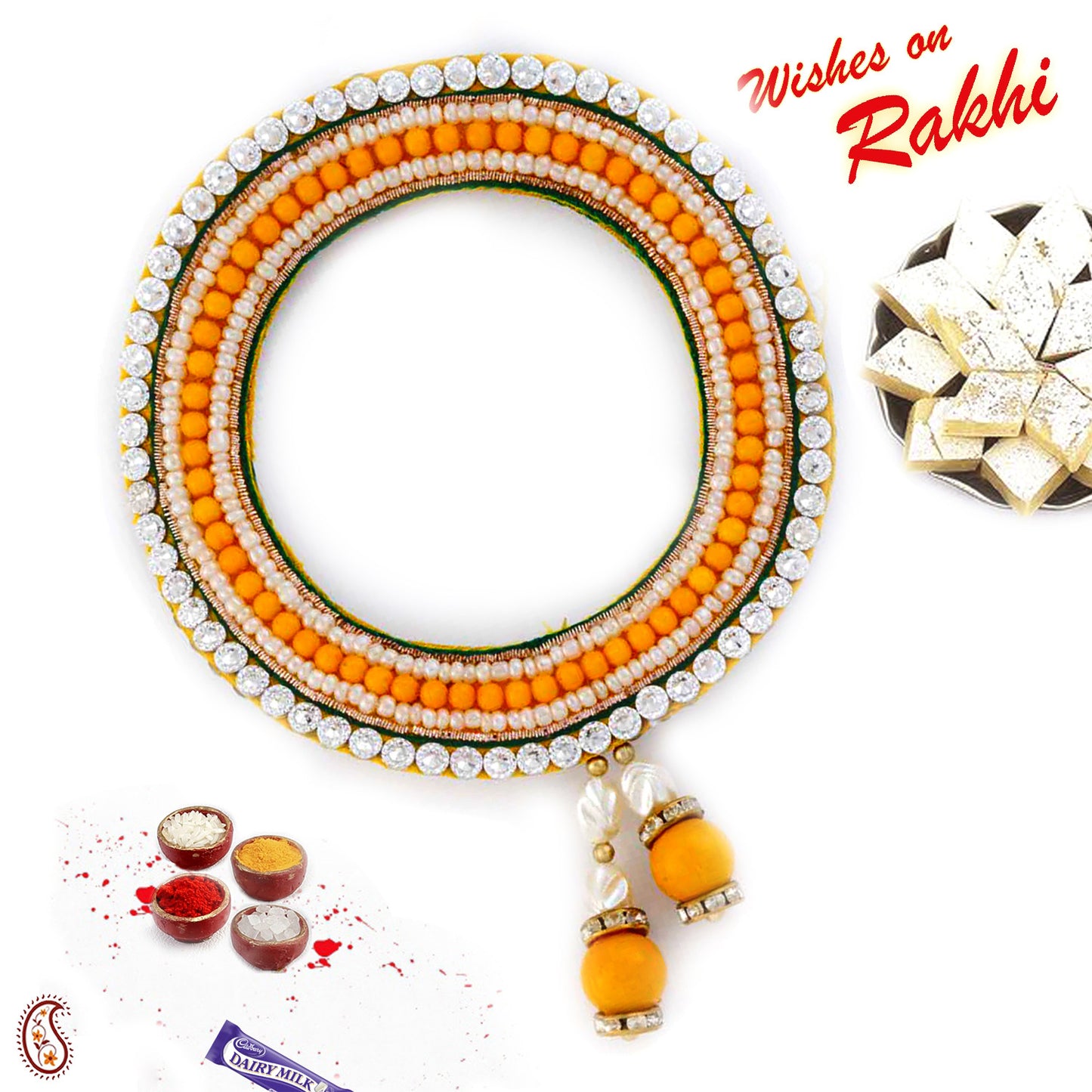 Aapno Rajasthan Orange & White Beads Beautiful Chuda Lumba Rakhi - Default Title (LM171103)