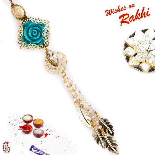 Aapno Rajasthan Gorgeous Blue Rose Motif Dangling Leaf Style Lumba Rakhi - Default Title (LM171123)